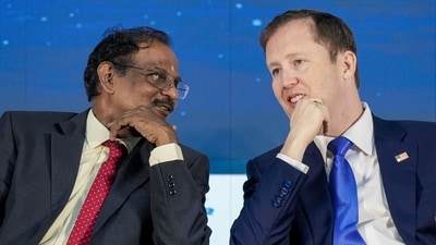 ISRO Chairman V Narayanan in a conversation with US Ambassador to India, Sergio Gor during the inaugural session of 9th Bengaluru Space Expo 2026. (PTI) ISRO Chairman V Narayanan in a conversation with US Ambassador to India, Sergio Gor during the inaugural session of 9th Bengaluru Space Expo 2026. (PTI)