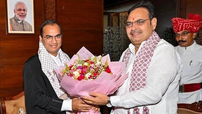 Rajasthan Chief Minister Bhajanlal Sharma greets the newly sworn-in Chief Justice of the state High Court Sanjay Kumar Agarwal. (@RajCMO/PTI) Rajasthan Chief Minister Bhajanlal Sharma greets the newly sworn-in Chief Justice of the state High Court Sanjay Kumar Agarwal. (@RajCMO/PTI)