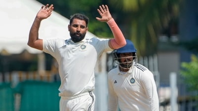 East Zone's Mohammed Shami on day 3 of the Duleep Trophy 2026-27 final cricket match between South Zone and East Zone (PTI) East Zone's Mohammed Shami on day 3 of the Duleep Trophy 2026-27 final cricket match between South Zone and East Zone (PTI)