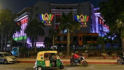 Gram it: As vehicles move on the road near the Rail Bhavan, it's difficult to not spot how the buildings in this part of the city are illuminating with decorative lighting and projection displays ahead of the 18th BRICS Summit 2026. The summit is scheduled to take place at Bharat Mandapam on September 12 and 13. (Photo: PTI)