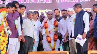 Siddaramaiah was felicitated and presided over the event at Palace Grounds in Bengaluru on Sunday. (@siddaramaiah/X) Siddaramaiah was felicitated and presided over the event at Palace Grounds in Bengaluru on Sunday. (@siddaramaiah/X)