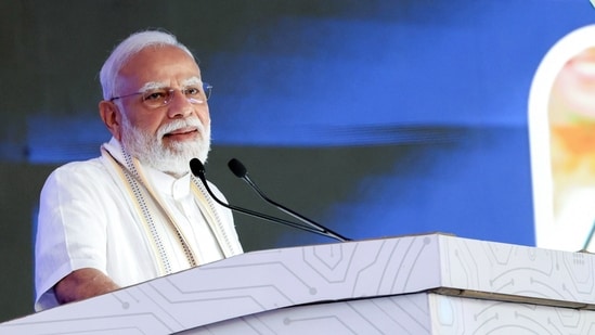 Prime Minister Narendra Modi addresses 'NaMo for Viksit Bharat' event, in Vadodara on Tuesday.