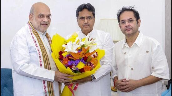 In this image posted on Sept. 4, 2026, Union Home Minister Amit Shah with Tripura Chief Minister Manik Saha, centre, during a meeting along with Tipra Motha Party founder Pradyot Bikram Manikya Debbarma, in New Delhi. (@DrManikSaha2)