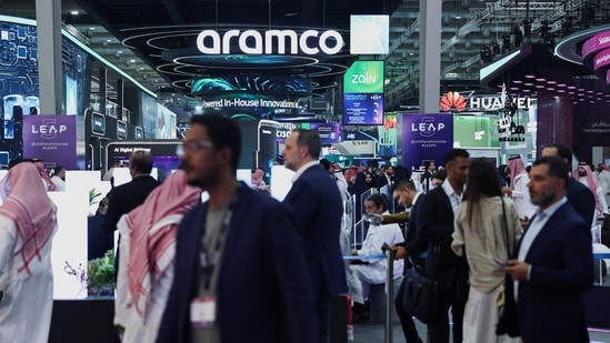 Visitors gather next to the Aramco stand during the opening ceremony of the technology event LEAP in Riyadh, Saudi Arabia, August 31, 2026. REUTERS/Hamad I Mohammed