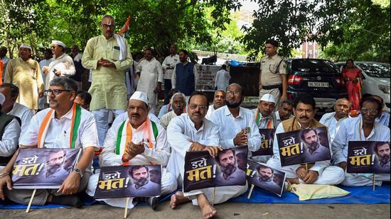 Senior Bihar Congress leader Anand Madhab, along with other Congress leaders and workers, stage a protest outside Indira Bhawan to seek a revamp in the state unit (ANI)