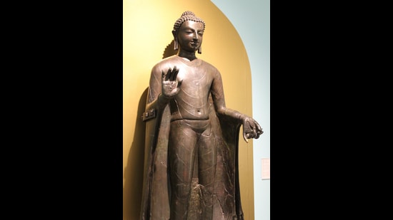 The 2.3 m Sultanganj Buddha copper statue of Gautama Buddha, currently at the Birmingham Museum and Art Gallery in the United Kingdom. (HT PHOTO)