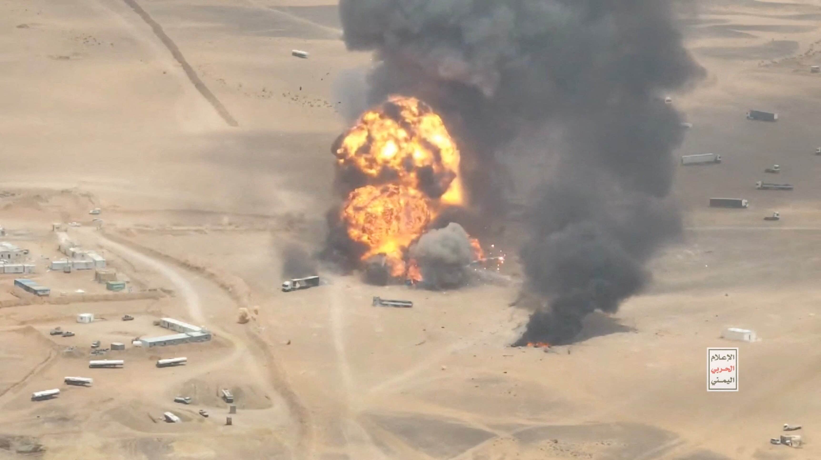 Trucks explode as they burn, during what the Houthis say was an attack targeting trucks coming from Saudi territory, at Al-Wadiah border crossing near Al-Wadiah, on the Saudi-Yemen border. (via REUTERS)