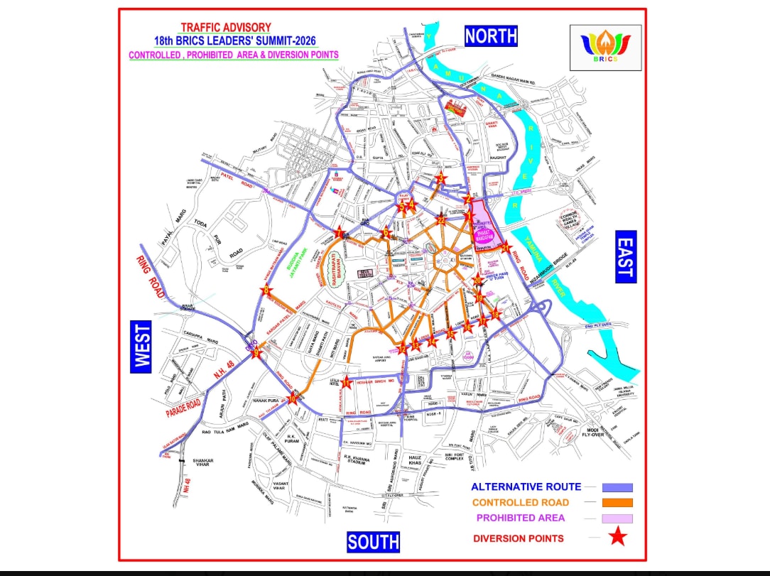 Route map issued by the Delhi traffic police. (@dtptraffic/X) Route map issued by the Delhi traffic police. (@dtptraffic/X)