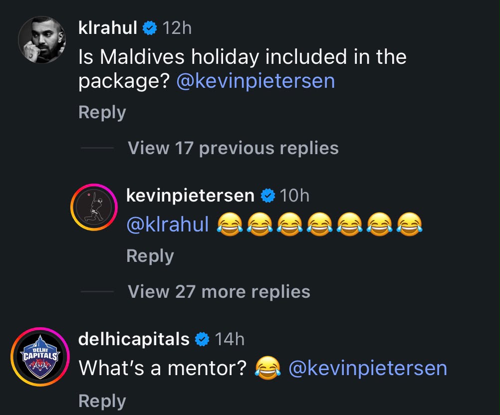KL Rahul and Delhi Capitals poke fun at Pietersen. (Kevin Pietersen - Instagram) KL Rahul and Delhi Capitals poke fun at Pietersen. (Kevin Pietersen - Instagram)