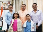 Uttarakhand Chief Minister Pushkar Singh Dhami meets young mountaineers, Reyansh Pant and Prisha Rawat, who successfully scaled Mount Kilimanjaro—the highest peak in Africa located in Tanzania, in Dehradun on Tuesday.
