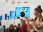 The iPhone Duo is displayed during an announcement of new products on the Apple campus in Cupertino, California.(AP Photo/Jeff Chiu)