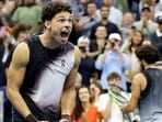 Ben Shelton of the US celebrates after defeating Spain's Carlos Alcaraz in the US Open quarter-final. (Reuters)