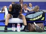  Carlos Alcaraz of Spain appears to be sick in his match against Ben Shelton of the United States during their Men's Singles Quarterfinal match on Day Ten of the 2026 US Open(Getty Images via AFP)