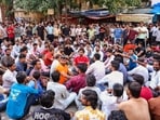 People stage a protest demanding justice for a 40-year-old tour guide, who was allegedly stabbed near Amer Fort on Monday, in Jaipur, Tuesday, Sept. 8, 2026. 