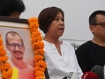 Jyotsana, wife of late musician and guitarist Chongtham Vikram Singh, addresses media at Manipur Bhavan on Tuesday. (RAJ K RAJ /HT PHOTO)