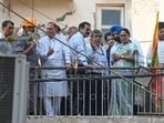 Municipal Corporation of Delhi (MCD) Commissioner Sanjeev Khirwar (2nd from left) at the site of a collapsed building in Satya Niketan, on Monday