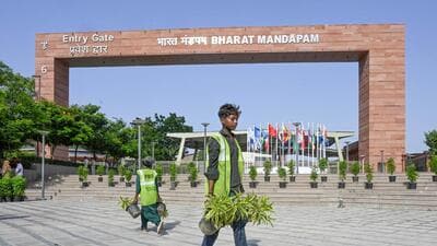 Preparation underway at Bharat Mandapam, the venue. (Sanjeev Verma/HT Photo)