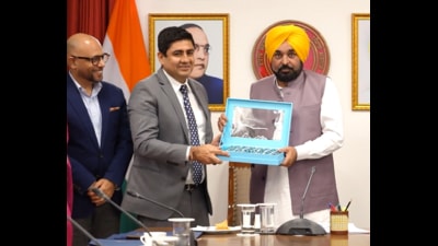 Punjab chief minister Bhagwant Mann with the CII delegation during a meeting in Chandigarh on Wednesday. (HT)