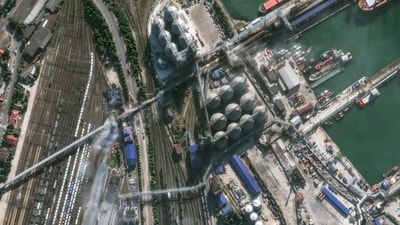 This satellite image provided by Vantor shows smoke in an overview of port infrastructure in Novorossiysk, Russia, Wednesday, Aug. 12, 2026. (AP/File)
