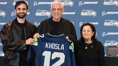 Vinod Khosla now leads the Seahawks with wife Neeru and son Neal after their record $9.612 billion purchase.. (AP Photo/Lindsey Wasson) (AP Photo/Lindsey Wasson) Vinod Khosla now leads the Seahawks with wife Neeru and son Neal after their record $9.612 billion purchase.. (AP Photo/Lindsey Wasson) (AP Photo/Lindsey Wasson)