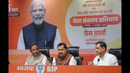 BJP national president Nitin Nabin addressing a press conference during the announcement of the 'Seva Sankalp Abhiyan' at the party headquarters, in New Delhi on Wednesday. (PTI)