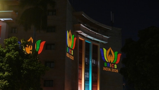 Rail Bhavan illuminates with decorative lighting and projection displays ahead of the BRICS India Summit 2026, in New Delhi on Tuesday. (ANI)