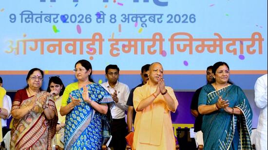 Chief minister Yogi Adityanath and other dignitaries at the launch of Rashtriya Poshan Maah in Varanasi on Wednesday. (SOURCED)