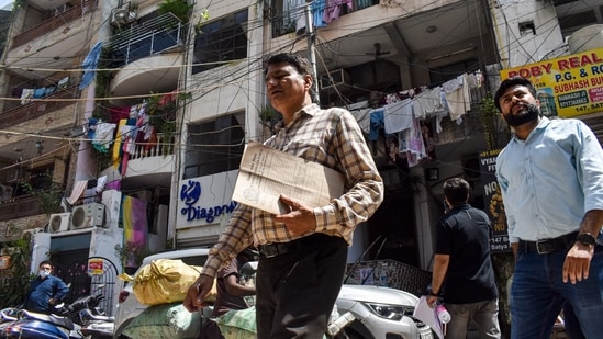 New Delhi: Municipal Corporation of Delhi (MCD) officials inspect student paying guest (PG) accommodations in the Satya Niketan area following the collapse of a multi-storey building, in New Delhi, Wednesday, Sept. 9, 2026. (PTI Photo)(PTI09_09_2026_000293A)