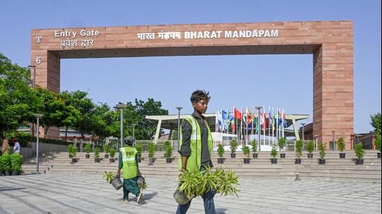 Preparation underway at Bharat Mandapam, the venue. (Sanjeev Verma/HT Photo)