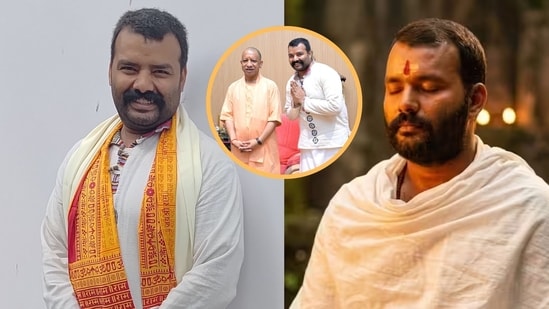 Hanuman Ansh actor Shobhinaw Satyaa on his visit to HT Office in Lucknow, the actor with Uttar Pradesh Chief Minister Yogi Adityanath and in a still from the film (Photos: Deep Saxena/HT and X)