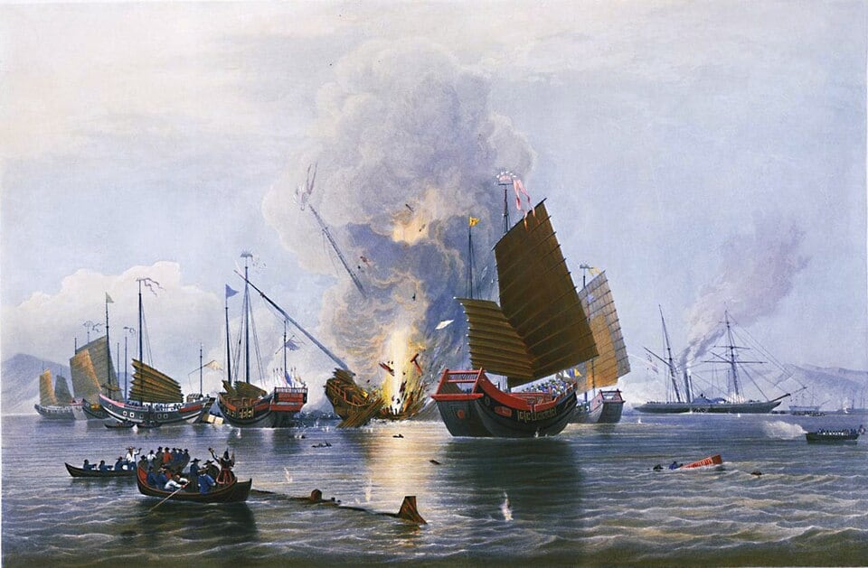 The East India Company steamship 'Nemesis' attacking Chinese war junks in Anson’s Bay during the First Opium War on January 7, 1841. (Wikimedia Commons) The East India Company steamship 'Nemesis' attacking Chinese war junks in Anson’s Bay during the First Opium War on January 7, 1841. (Wikimedia Commons)