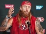 San Francisco 49ers tight end George Kittle speaks to the media following a practice in Melbourne, Australia, in preparation for an NFL football game against the Los Angeles Rams.