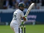 Pakistan's Mohammad Rizwan watches his shot go to the boundary on day two of the second test match between England and Pakistan at Lord's