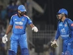 File image of Afghanistan's wicketkeeper Rahmanullah Gurbaz (R) and Indian captain Shreyas Iyer during the third ODI against Afghanistan, in Chennai, Tamil Nadu. (PTI)