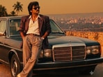 An AI-generated 1980s-style photograph featuring a man posing beside a classic car.