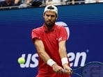 Russia's Karen Khachanov in action during his quarter final match against Belgium's Alexander Blockx atthe US Open 2026 (Reuters)