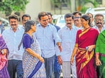 BRS working president KT Rama Rao (centre) along with party MLAs after a meeting with Governor Shiv Pratap Shukla, following the suspension of all 22 party MLAs from the state assembly for the remainder of the monsoon session at Lok Bhavan in Hyderabad.