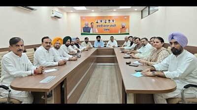 BJP’s national general secretary and Punjab affairs in-charge Dr Satish Poonia chairing a meeting at the party headquarters in Chandigarh on Thursday. (HT)