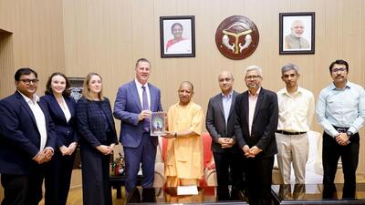 CM Yogi Adityanath with Ball Corporation CEO Ron Lewis and board member Carey Causey. (Sourced)
