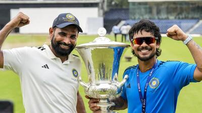Chennai: East Zone's captain Ishan Kishan, right, and Mohammed Shami pose with the trophy after winning the Duleep Trophy 2026-27, in Chennai, Tamil Nadu, Thursday, Sept. 10, 2026. East Zone translated their complete dominance over the last 12 sessions into a Duleep Trophy victory after 13 years, overwhelming South Zone on the basis of a massive first innings lead on the fifth and final day of the final on Thursday. (PTI Photo/R Senthilkumar) (PTI09_10_2026_000171A) (PTI) Chennai: East Zone's captain Ishan Kishan, right, and Mohammed Shami pose with the trophy after winning the Duleep Trophy 2026-27, in Chennai, Tamil Nadu, Thursday, Sept. 10, 2026. East Zone translated their complete dominance over the last 12 sessions into a Duleep Trophy victory after 13 years, overwhelming South Zone on the basis of a massive first innings lead on the fifth and final day of the final on Thursday. (PTI Photo/R Senthilkumar) (PTI09_10_2026_000171A) (PTI)