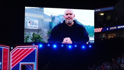 A video featuring Sen. John Fetterman, D-Pa., plays at the Republican convention in Dallas. (AP Photo)