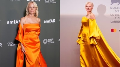 (L-R) Pamela Anderson in Calvin Klein and Carolina Herrera (L-R) Pamela Anderson in Calvin Klein and Carolina Herrera