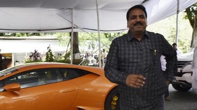 Mumbai, India - April 6, 2017: BJP MLA Narendra Mehta along with his lamborghini outside Vidhan Bhavan in Mumbai, India, on Thursday, April 6, 2017. (Photo by Anshuman Poyrekar/Hindustan Times) (Anshuman Poyrekar/HT Photo)