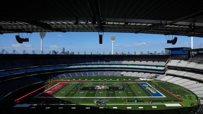 The NFL halftime show adds music to the historic Rams vs 49ers game, the league’s first regular-season game in Australia.. (AP Photo/Asanka Brendon Ratnayake)