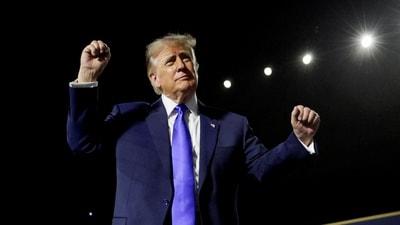 U.S. President Donald Trump gestures before leaving the Republican National Midterm Convention in Dallas, Texas. (REUTERS)