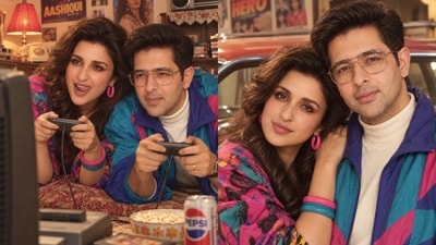 Parineeti Chopra shared some AI images of her and husband Raghav Chadha, hoping on the 80s AI pic trend. The two looked like a goofy couple who loves colourful clothes. (Instagram/@parineetichopra)
