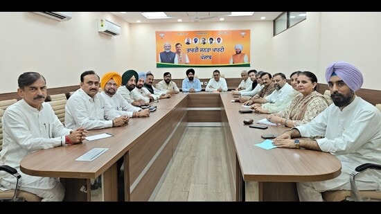BJP’s national general secretary and Punjab affairs in-charge Dr Satish Poonia chairing a meeting at the party headquarters in Chandigarh on Thursday. (HT)