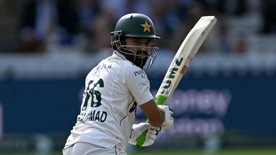Pakistan's Mohammad Rizwan watches his shot go to the boundary on day two of the second test match between England and Pakistan at Lord's