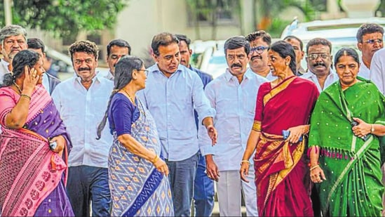 BRS working president KT Rama Rao (centre) along with party MLAs after a meeting with Governor Shiv Pratap Shukla, following the suspension of all 22 party MLAs from the state assembly for the remainder of the monsoon session at Lok Bhavan in Hyderabad.