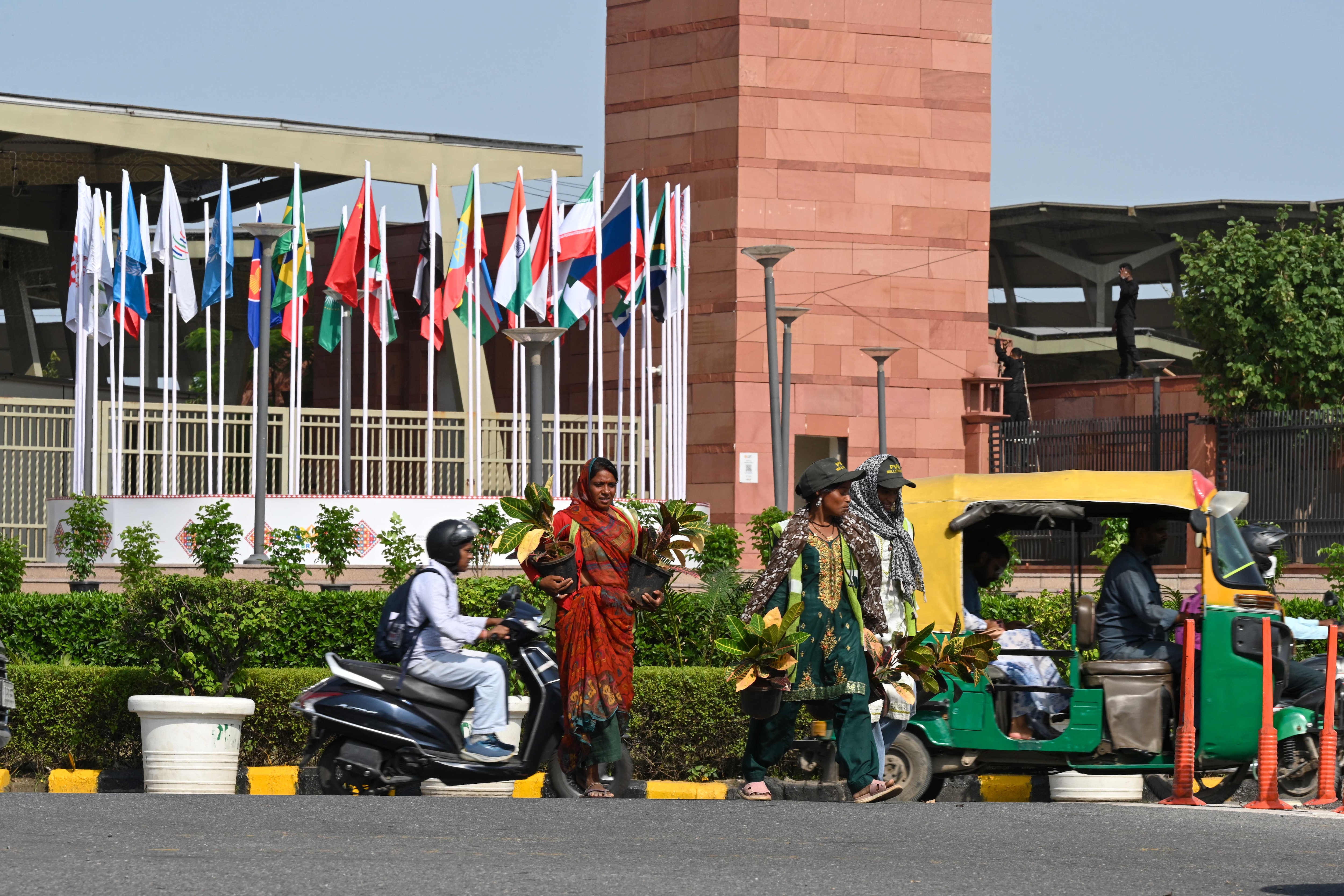 New Delhi, India - Sept. 9, 2026: PWD workers carry out preparations and beautification work near Bharat Mandapam ahead of the upcoming BRICS Summit, in New Delhi, September 9, 2026. (Sanjeev Verma/ Hindustan Times) New Delhi, India - Sept. 9, 2026: PWD workers carry out preparations and beautification work near Bharat Mandapam ahead of the upcoming BRICS Summit, in New Delhi, September 9, 2026. (Sanjeev Verma/ Hindustan Times)